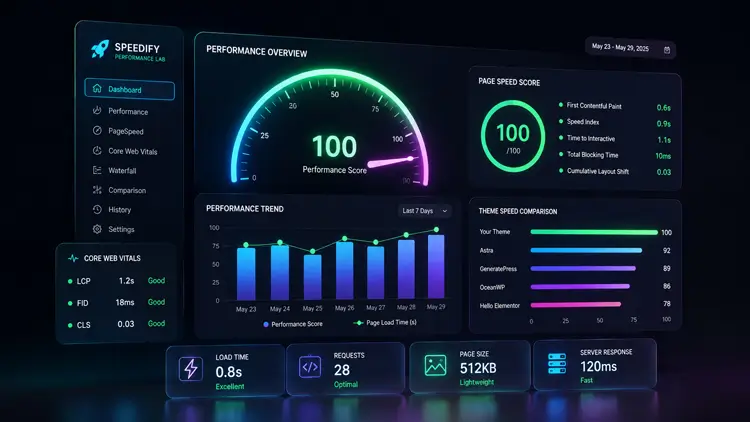 Website speed and performance comparison dashboard for WordPress restaurant themes
