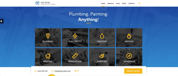 A visual screenshot of the Blue-Collar website template designed for local plumbing companies and home service contractors.