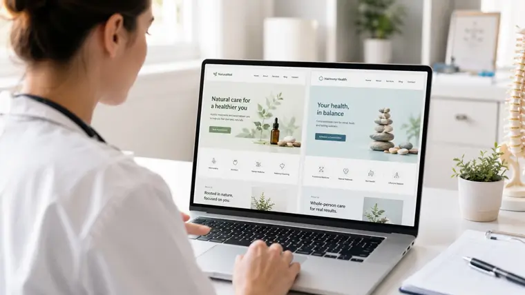 A professional acupuncturist reviewing digital clinic website designs and layouts on a laptop.