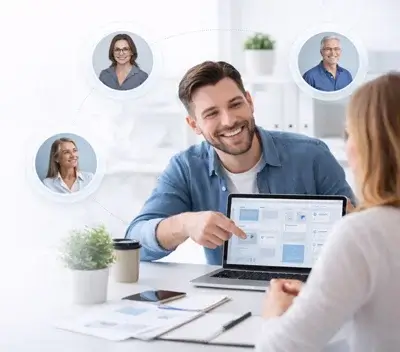 A smiling Renuom team member presenting a custom web design dashboard on a laptop during a client consultation, with interconnected profile icons representing seamless collaboration.