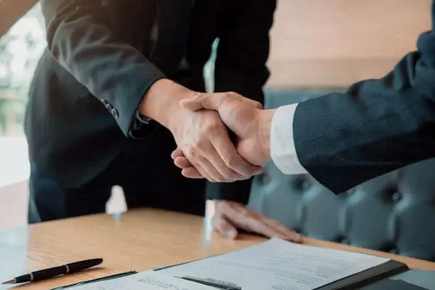 Two business professionals shaking hands across a conference table, representing a successful client partnership for custom WordPress website design.