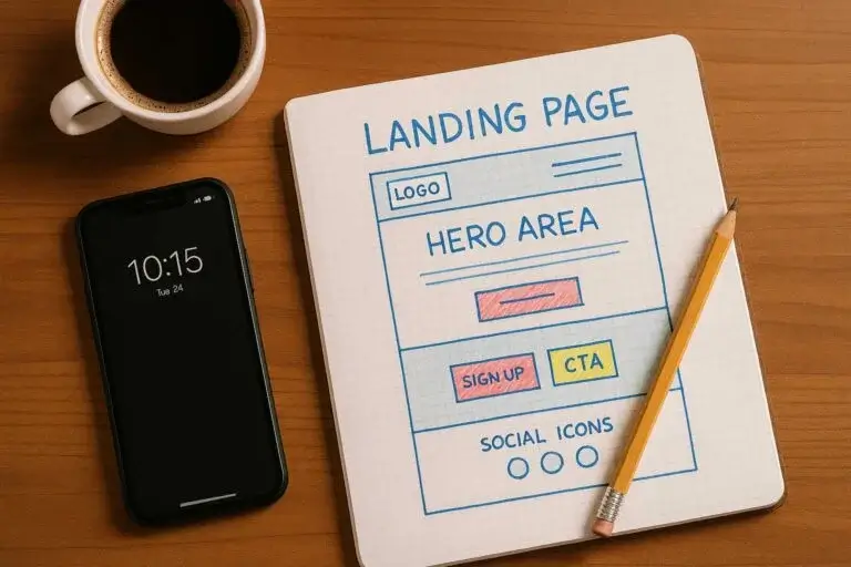 Hand-drawn wireframe sketching a conversion-focused landing page layout for a custom WordPress website design build.