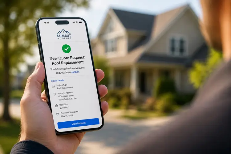 A mobile phone displaying a new roofing lead notification, showing the result of a fast custom WordPress site.
