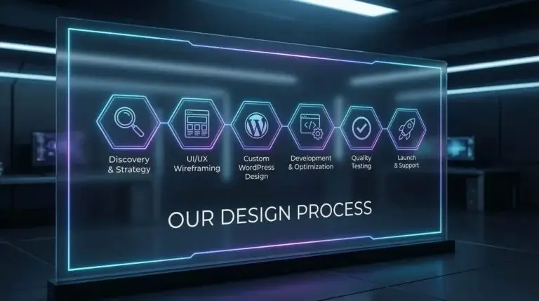 Modern digital display outlining our complete custom WordPress website design process, from initial strategy and wireframing to launch and support.