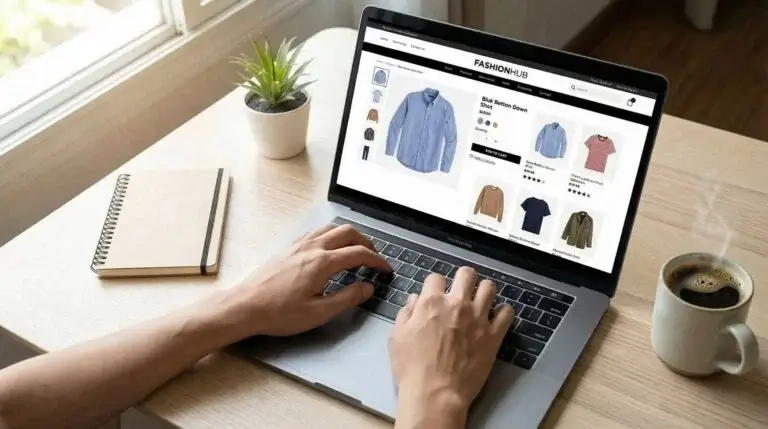 Hands typing on a laptop displaying a modern fashion eCommerce store, demonstrating high-converting WooCommerce and WordPress website design.