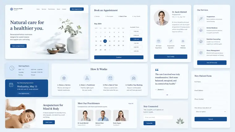 Clean and trustworthy WordPress layout elements designed for an acupuncturist clinic.