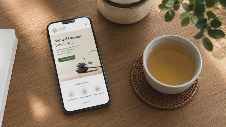 A smartphone displaying a clean, mobile-responsive acupuncturist website with a visible booking button.
