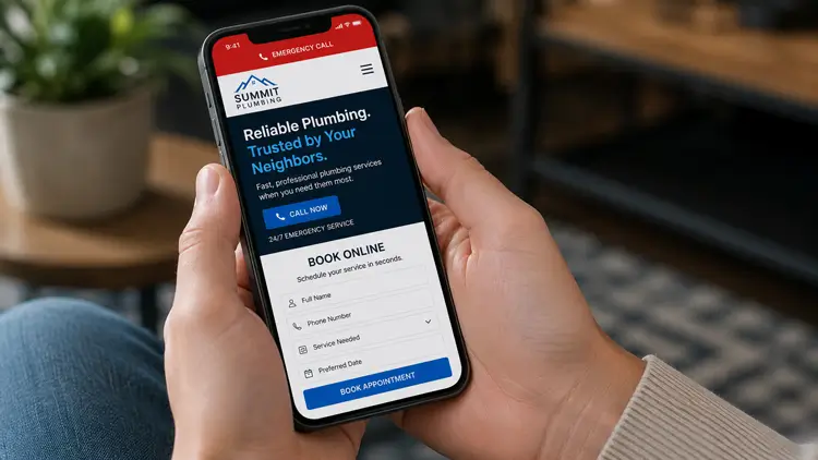 A homeowner holding a smartphone, looking at a mobile responsive plumber website with a clear tap-to-call button and booking form.
