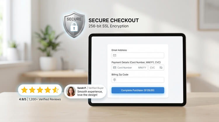Secure checkout form with customer testimonials and trust badges.