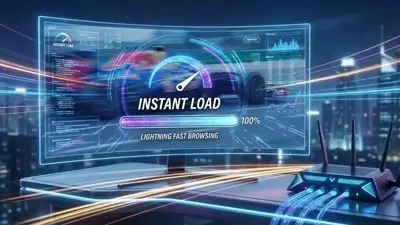 A monitor displaying a digital speedometer with a 100% progress bar and a "INSTANT LOAD" title, against a background of a high-speed car and city skyline, next to a gaming router.