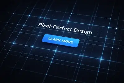 A perspective view of a deep blue, high-tech grid network with sparkling light points, featuring the centered white text "Pixel-Perfect Design" above a glowing blue "LEARN MORE" button.