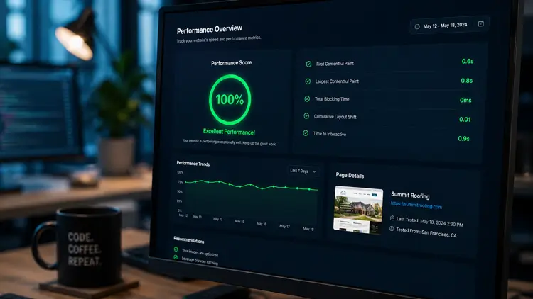 A digital dashboard showing a 100% PageSpeed score for a highly optimized local plumber website design.