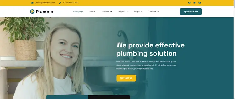 A visual screenshot of the Plumbly website template designed for local plumbing companies and home service contractors.
