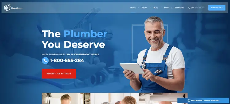 A visual screenshot of the Prohauz-Plumbing website template designed for local plumbing companies and home service contractors.