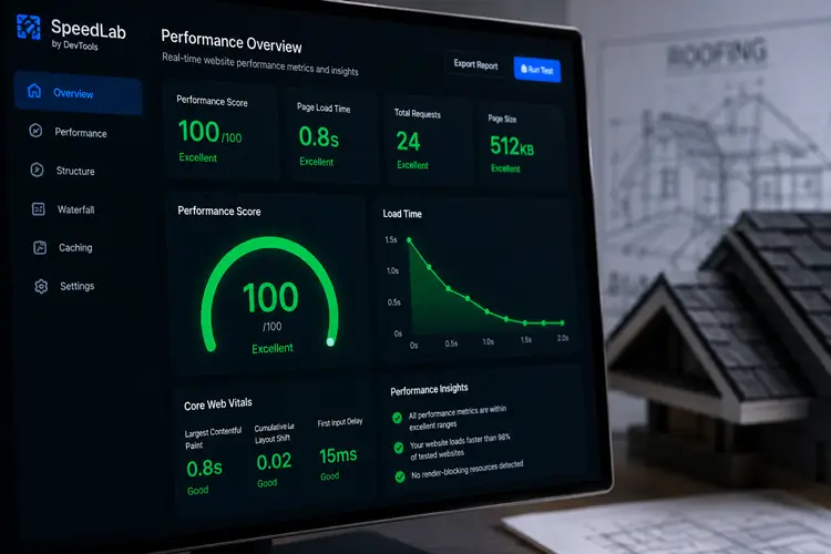A perfect 100 percent mobile Google PageSpeed Insights score for a custom WordPress roofing website.
