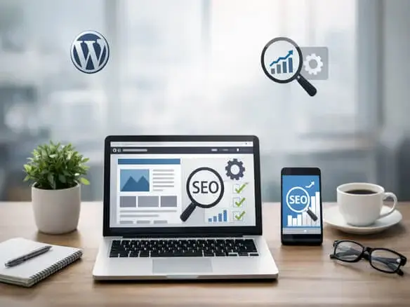 A professional desk setup on a light wood surface, featuring an open laptop displaying an SEO analysis dashboard with charts and a magnifying glass over the letters "SEO." Next to it is a smartphone with a similar "SEO" icon and chart. The desk includes a potted succulent, a notebook, a pen, a coffee cup, and reading glasses. Floating icons above include a WordPress logo (top-left) and another complex data analysis icon (top-right). The background is a blurred, bright office space.