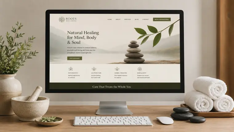 Earth-toned holistic website aesthetic for an acupuncturist specializing in traditional medicine.