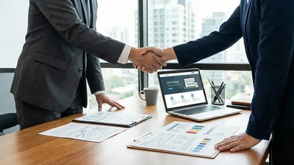 Two business professionals in suits shaking hands across a wooden desk in a city office, symbolizing a trusted agreement for continuous website care and professional WordPress maintenance services. A laptop shows a website design alongside wireframe documents on the desk.