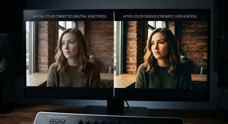 A side-by-side visual comparison of a video frame showing mathematical color correction versus creative color grading.