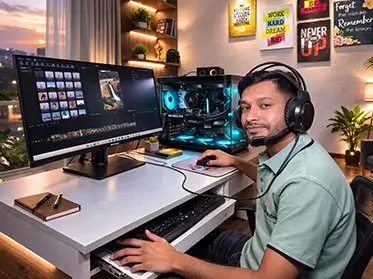 A man wearing a headset smiles at the camera while sitting at a computer desk equipped with a glowing PC tower and a large monitor displaying video editing software.
