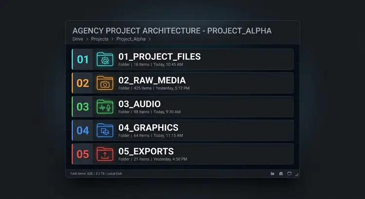 A neat, structured digital folder tree illustrating the ideal agency-standard asset architecture.