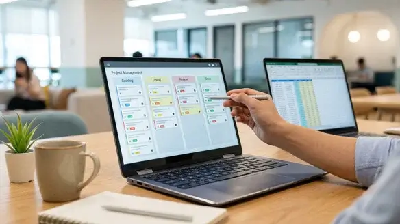 A technical team member organizing continuous content updates and website management workflows on a digital project board.