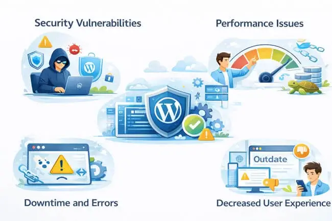 An infographic illustrating the risks of neglecting website care—including security vulnerabilities, slow performance, and downtime—highlighting why professional WordPress Maintenance Services are crucial.