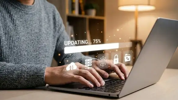 A web developer executing secure core, theme, and plugin updates, a critical component of routine WordPress maintenance services.