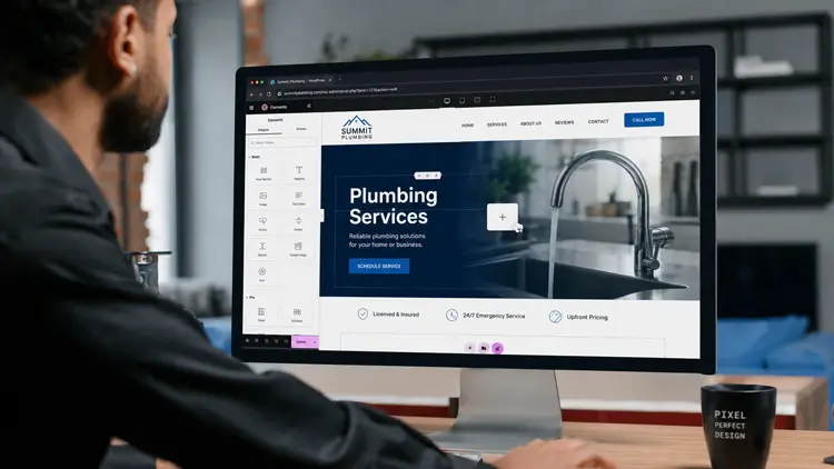 A web developer using a drag-and-drop page builder to customize a WordPress plumbing company theme.