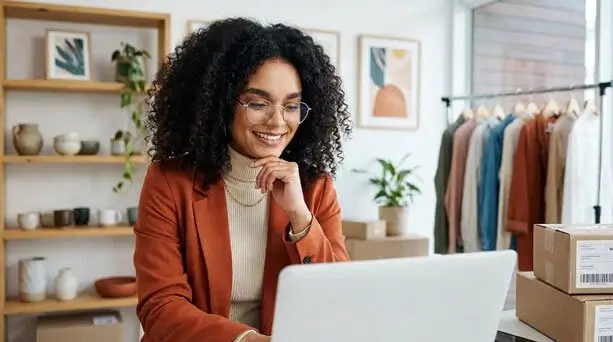 A female entrepreneur smiling while working on her laptop in a retail studio, highlighting scalable WordPress website development for startups.