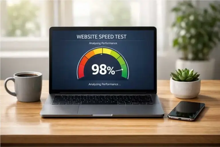 Laptop screen showing an excellent 98 percent website speed test score, highlighting WordPress website redesign and performance optimization services.