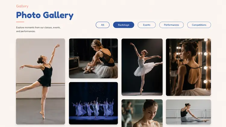 Custom PHP lightweight WordPress photo gallery filtering system showcasing dance performances.