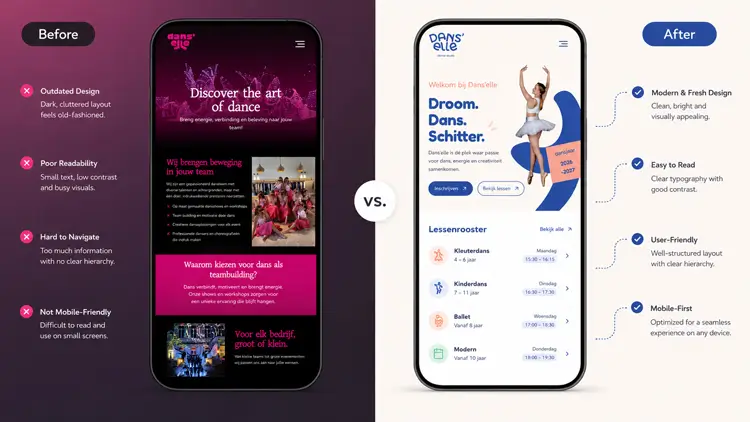 UI and UX before and after comparison of the Dans'elle dance studio website showing improved mobile navigation and layout.