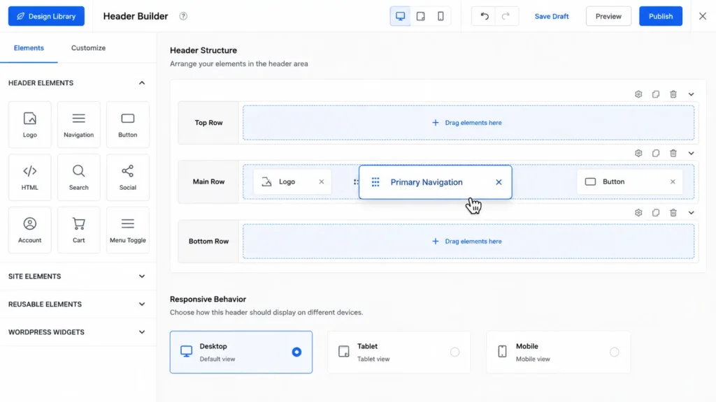 Building a custom website navigation menu using the Kadence drag-and-drop header builder