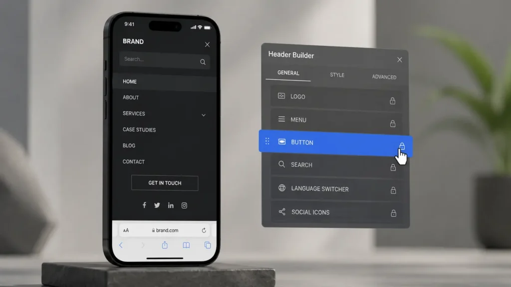 Drag-and-drop mobile header builder interface for responsive WordPress website navigation.