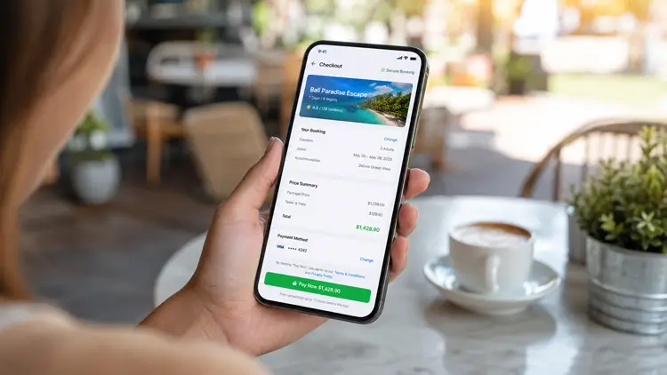 A person using a smartphone to easily book a tour on a mobile-responsive travel agency website