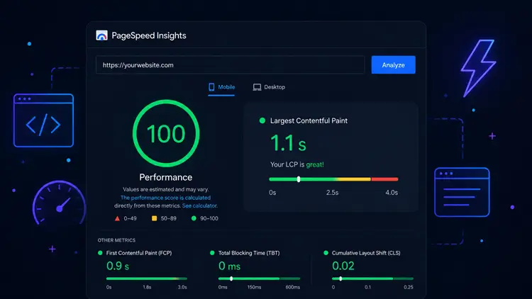Google PageSpeed Insights report showing a 1.1 second LCP score for the custom Kadence WordPress theme redesign.