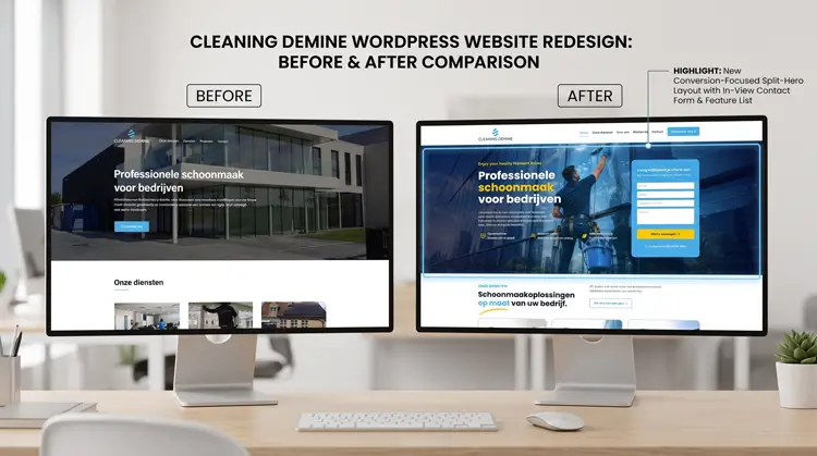 Before and after comparison of the Cleaning Demine commercial cleaning WordPress website redesign, highlighting the new conversion-focused split-hero layout.