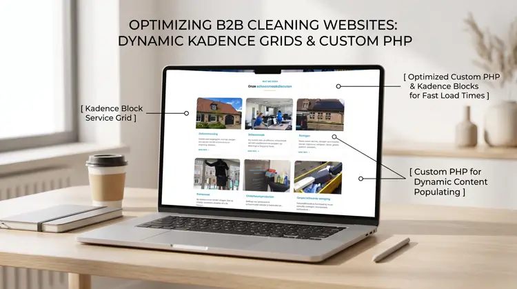 Dynamic WordPress service grid layout built with Kadence blocks and custom PHP for a fast-loading B2B cleaning website.