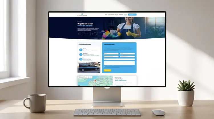 Optimized split-column contact page featuring a local map integration and high-contrast lead generation form for a commercial cleaning company.