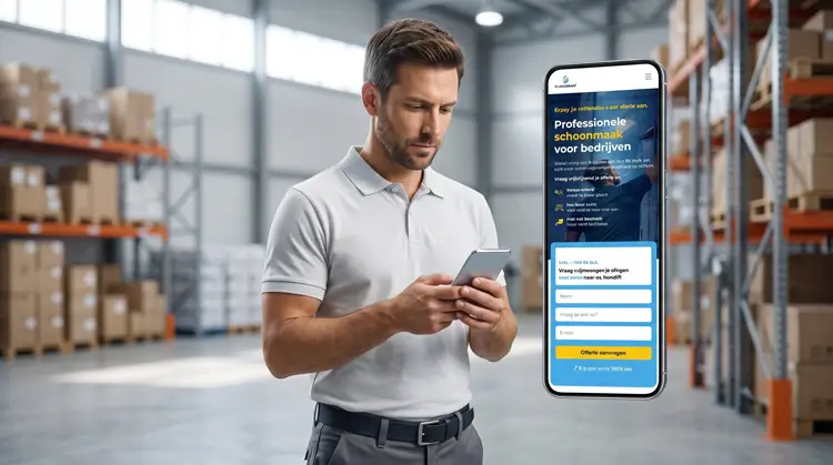 Mobile responsive view of a newly redesigned B2B cleaning website showing thumb-friendly contact forms on a smartphone.