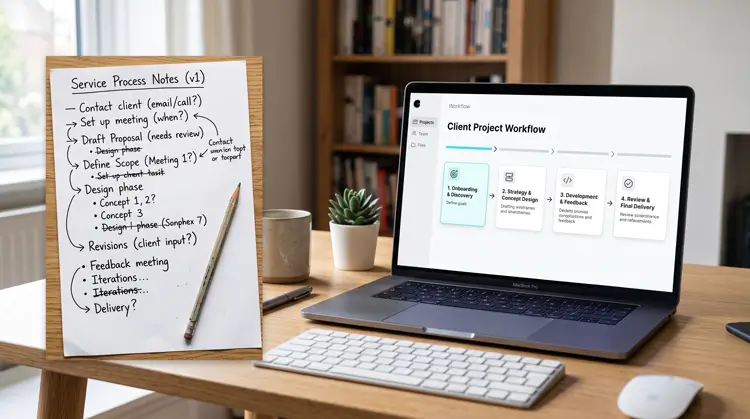 Clean UI/UX design transforming a text list into a structured, highly scannable step-by-step service blueprint.