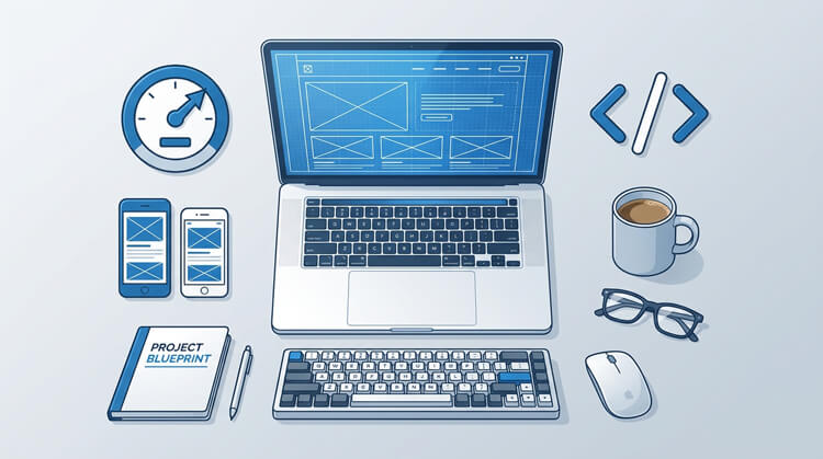 A digital blueprint showing how to choose a WordPress theme for a new 2026 website layout.