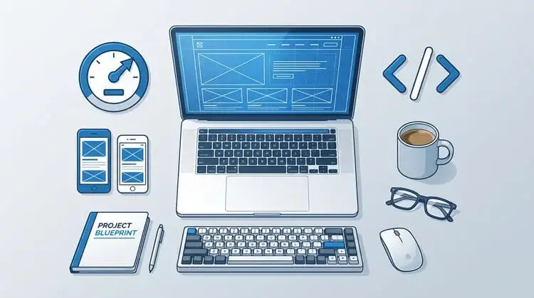 A digital blueprint showing how to choose a WordPress theme for a new 2026 website layout.