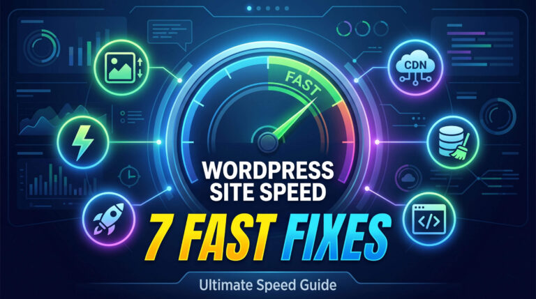 An illustration showing exactly how to speed up wordpress site performance, displaying a digital speedometer hitting the green zone alongside tech icons for caching, CDN, and database optimization.