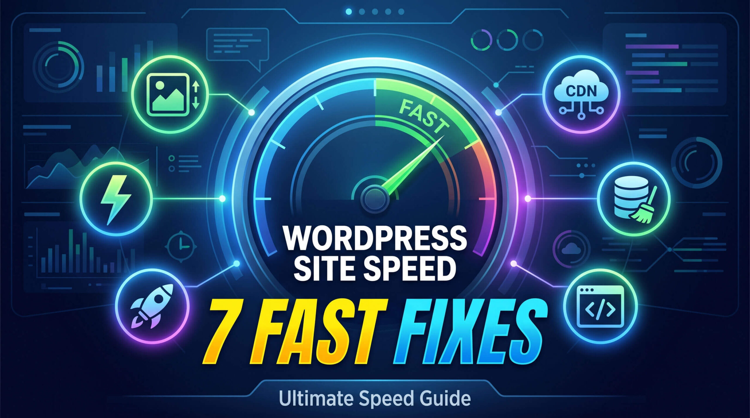 An illustration showing exactly how to speed up wordpress site performance, displaying a digital speedometer hitting the green zone alongside tech icons for caching, CDN, and database optimization.