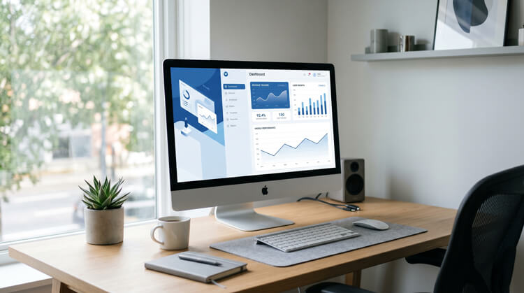 A clean desk setup displaying top WordPress website maintenance packages on a monitor.