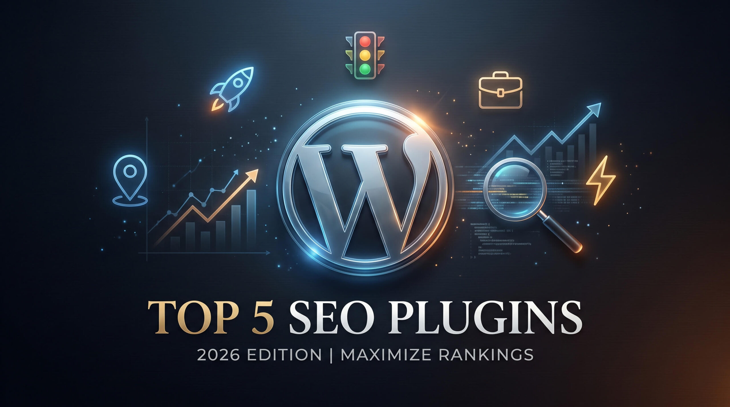 A professional featured image illustration showing the WordPress logo surrounded by icons representing the best SEO plugin WordPress options for the 2026 rankings: Rank Math, AIOSEO, Yoast, SEOPress, and The SEO Framework.