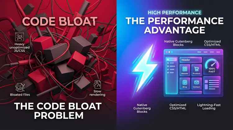 A split screen showing slow legacy WordPress page builders versus the fast zero-bloat workflow using Kadence and JetEngine to build dynamic WP sites.