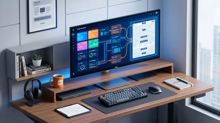 A developer workspace showing how to create a dynamic website in WordPress using visual templates and database structures.